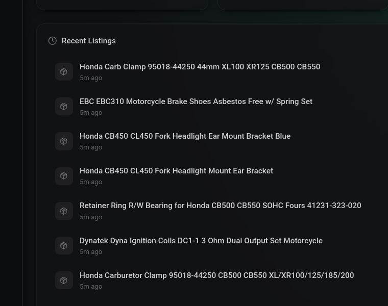 Recent listings with thumbnails and status