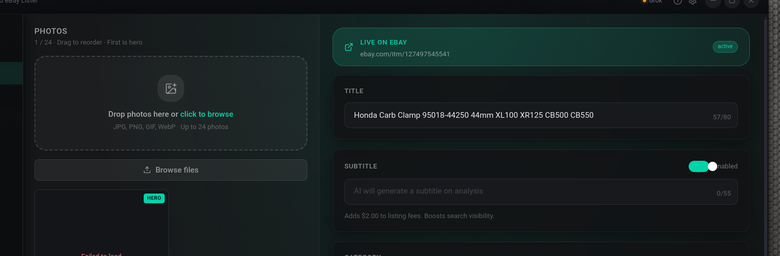 AI-populated listing form with title, price, and condition