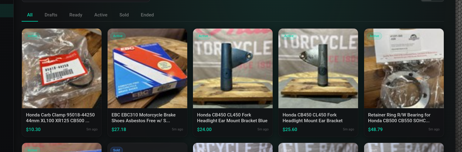 Listing cards with photos, prices, and status badges