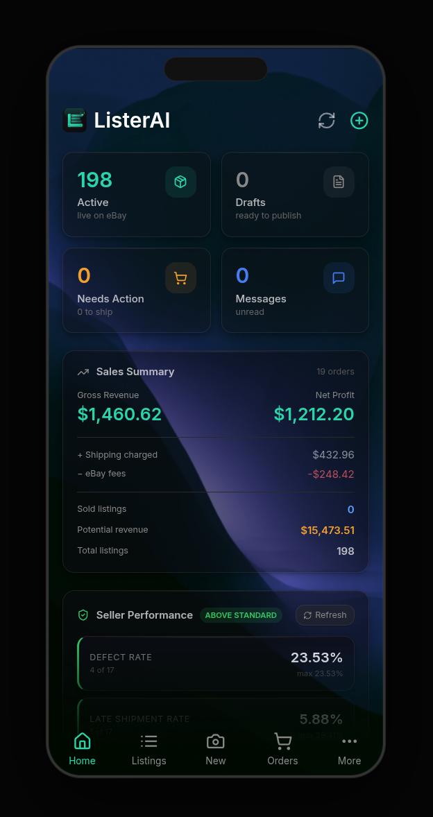ListerAI mobile dashboard showing 198 active listings, sales summary, and seller performance metrics
