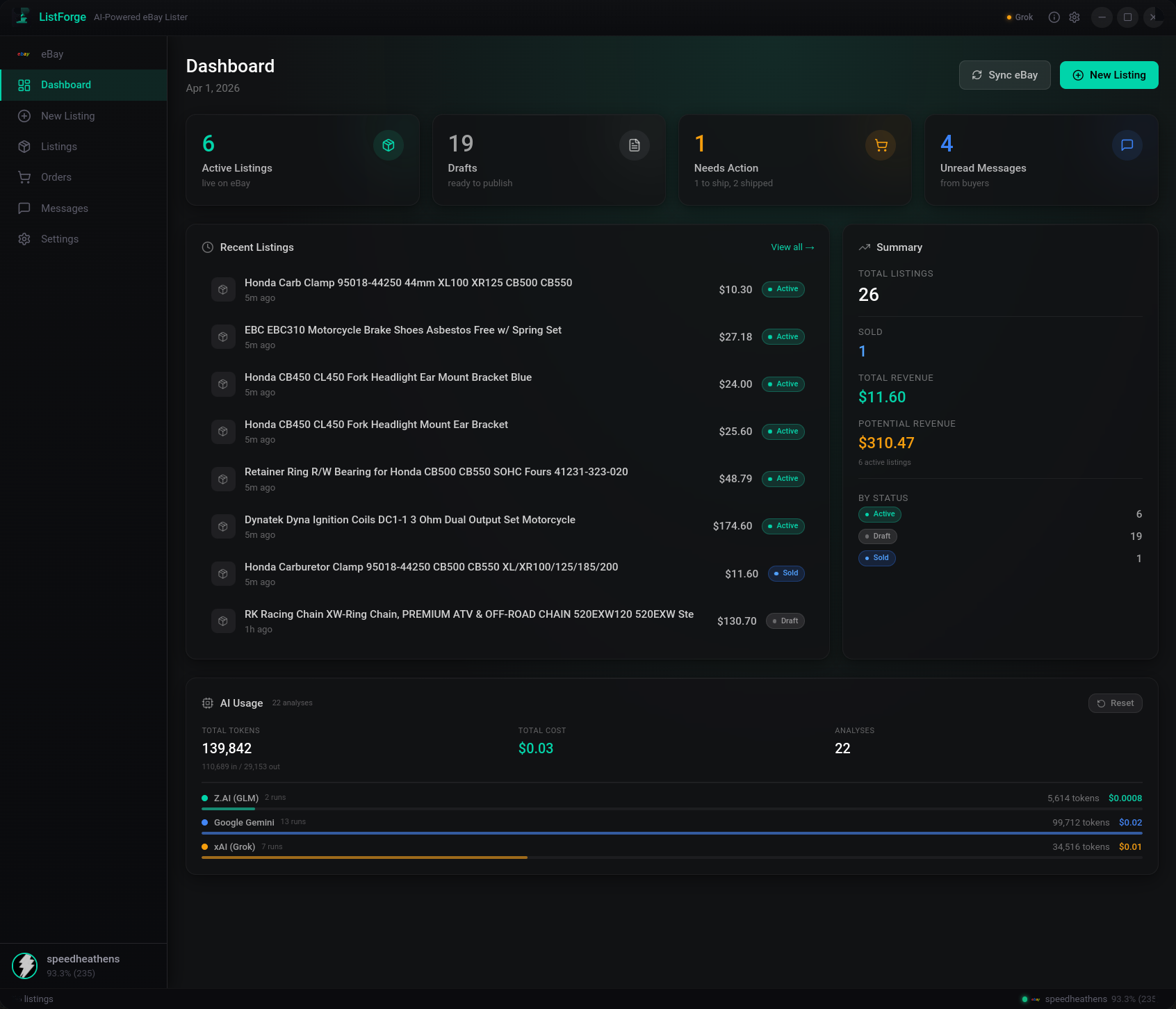 ListerAI dashboard showing recent listings, sales stats, and listing activity