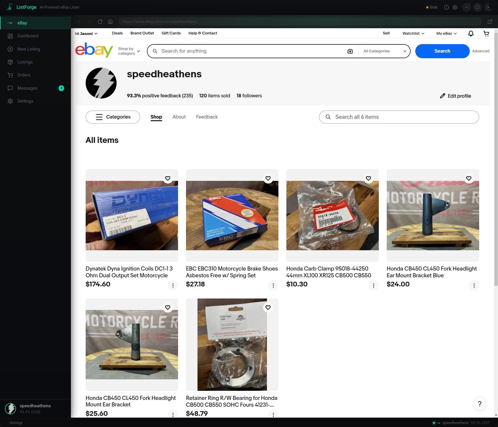ListerAI embedded eBay browser showing seller profile and live listings