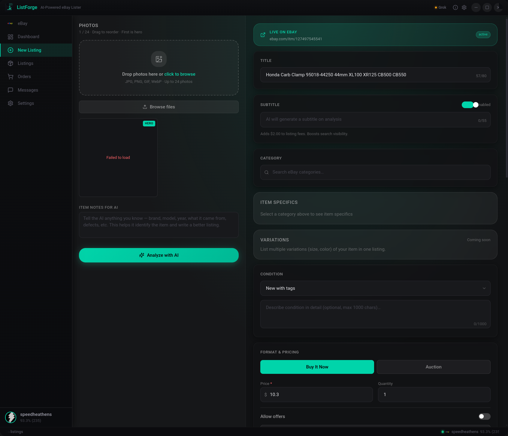 ListerAI listing form fully populated by AI analysis with pricing, condition, and description