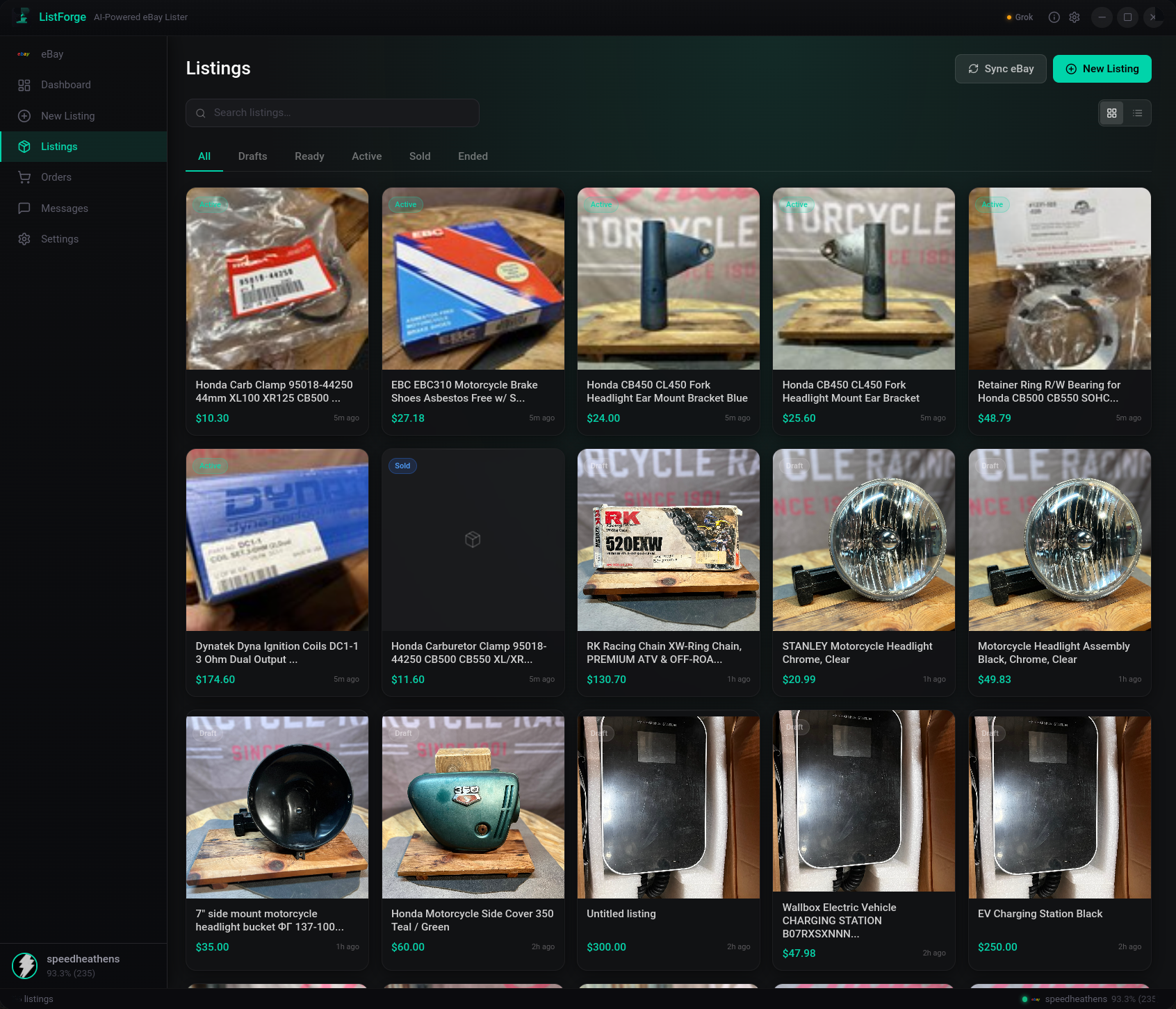 ListerAI listings grid showing all listings with status badges and photo thumbnails