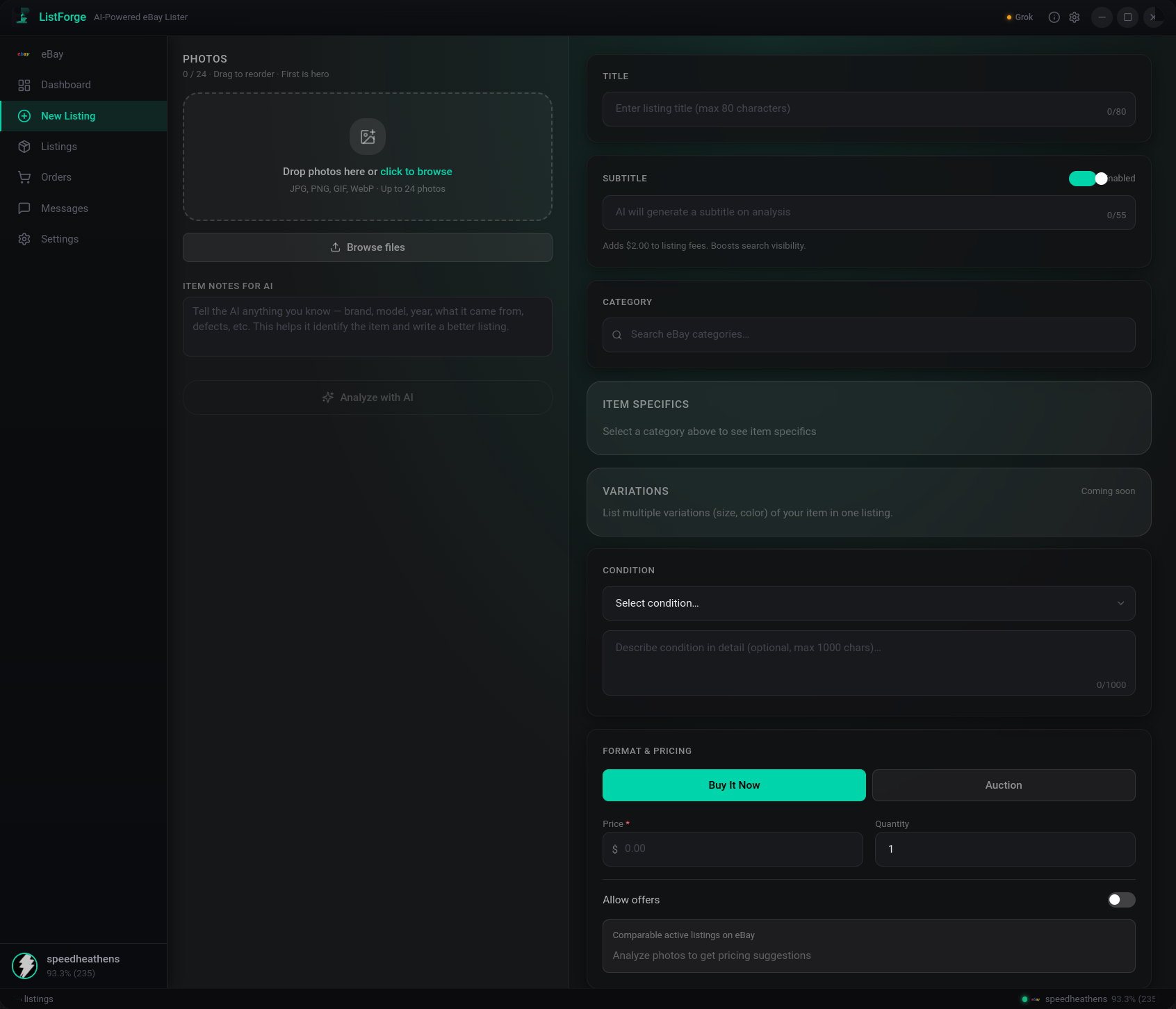 ListerAI new listing form with AI analysis results showing identified product, condition, and extracted label data