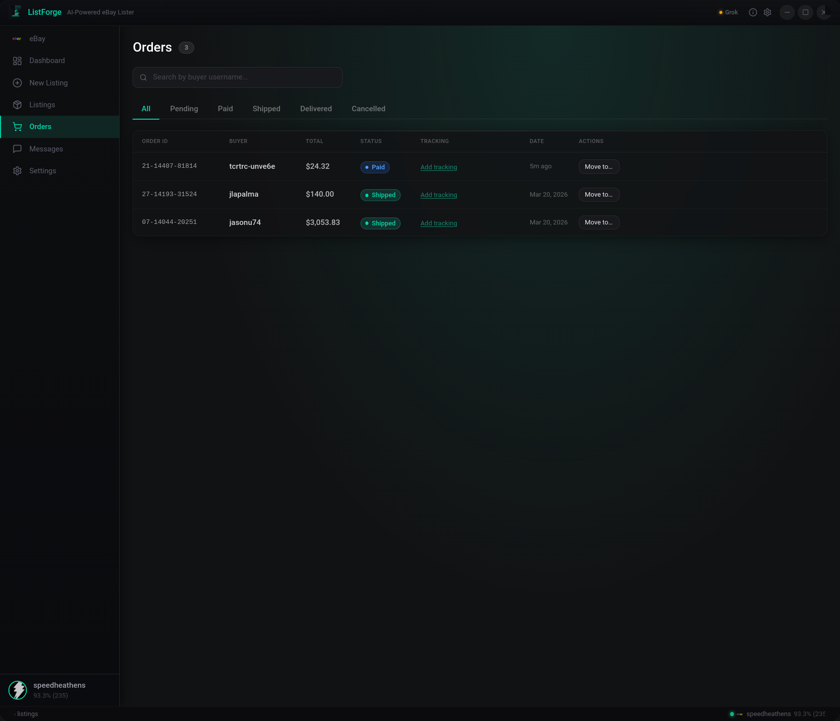 ListerAI orders page showing recent sales with buyer info and tracking