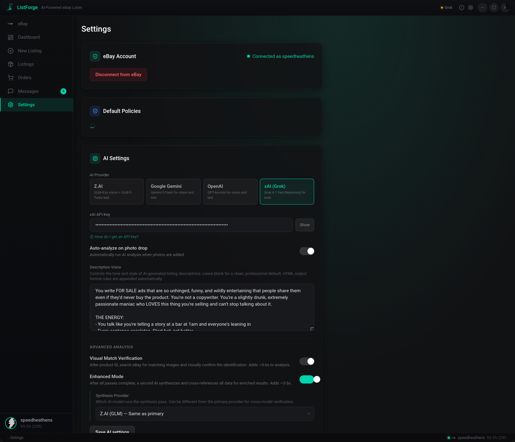 ListerAI settings page with AI provider selection and advanced analysis toggles